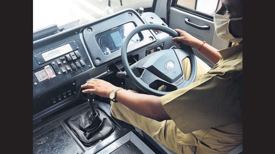 Drivers of the 22-seater buses have complained of not much leg room for themselves. (SHANKAR NARAYAN/HT) Drivers of the 22-seater buses have complained of not much leg room for themselves. (SHANKAR NARAYAN/HT)