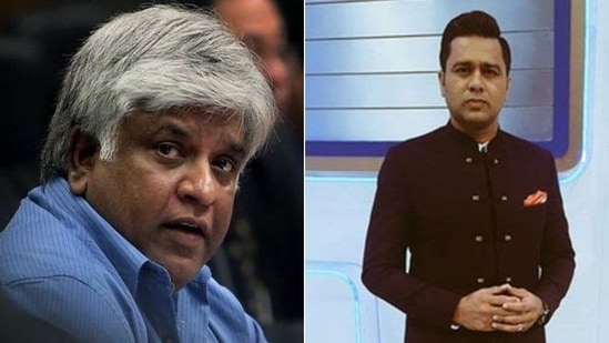 Aakash Chopra (R) reacts to Arjuna Ranatunga's (L) remark on Team India(HT Collage)