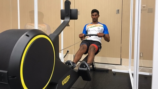 Sailor Vishnu Saravanan training in the gym ahead of the start of the Tokyo Olympics. (SAI)