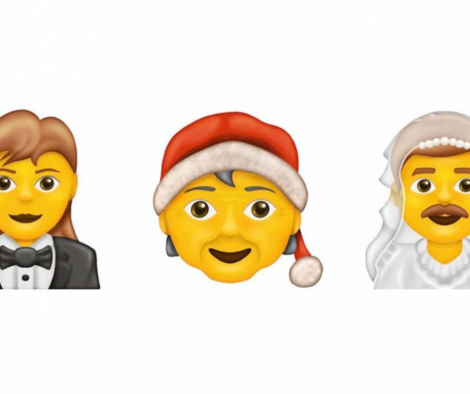 We now have emojis that defy stereotypical gender roles, such as a woman in a tuxedo, Mx Claus and a moustached man in a white veil (Photo: Facebook)