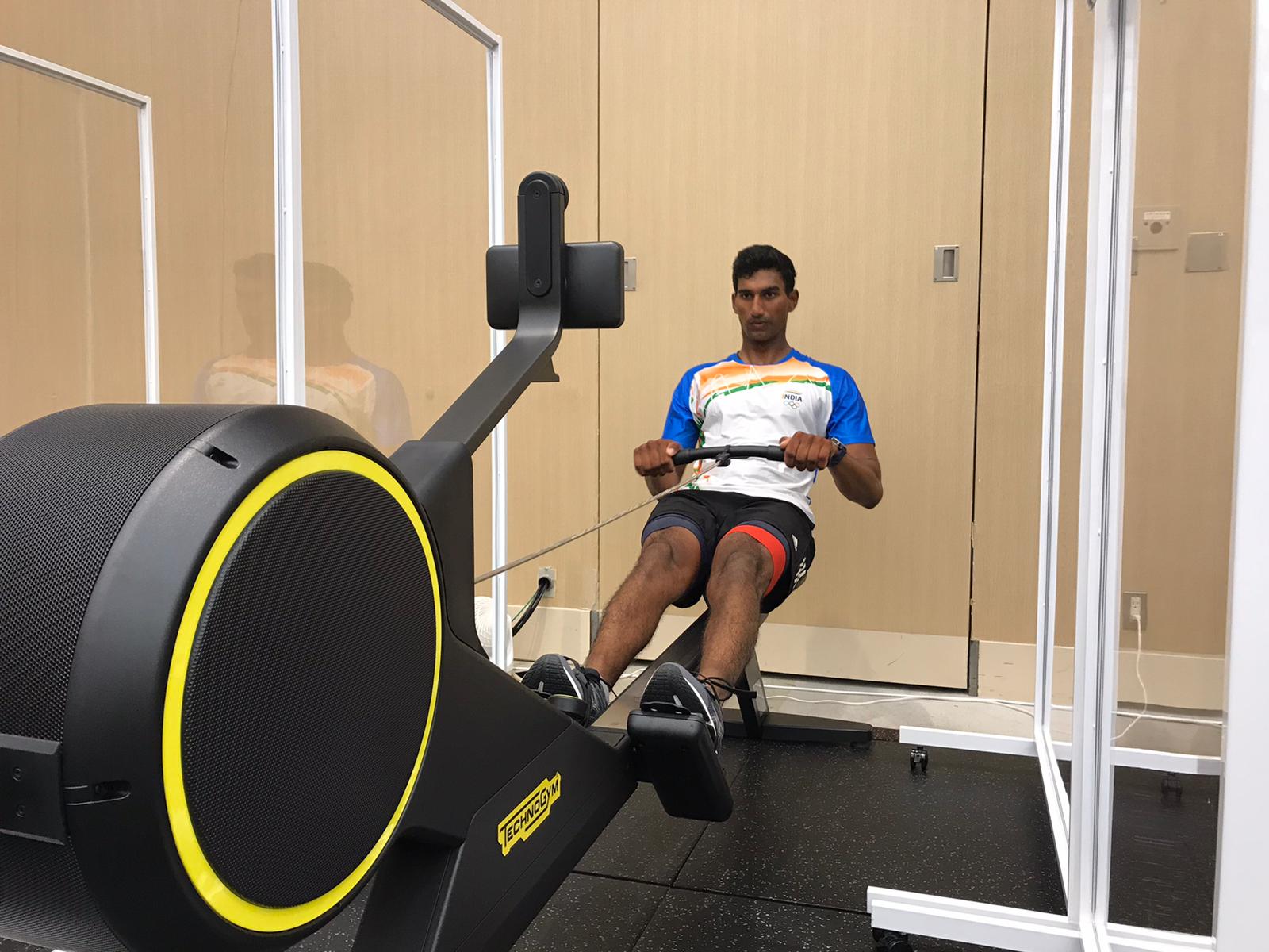 Sailor Vishnu Saravanan training in the gym ahead of the start of the Tokyo Olympics. 