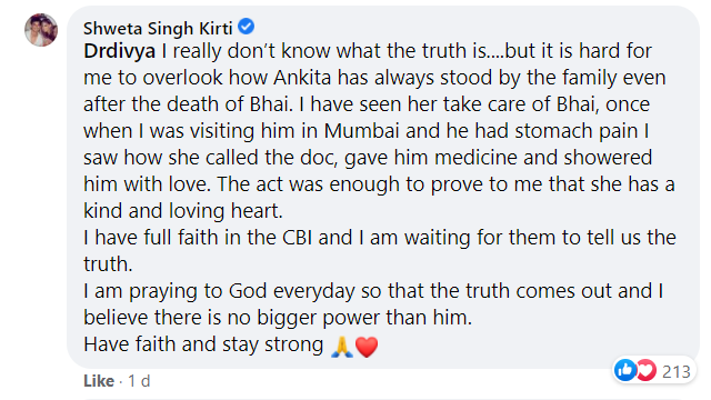 A screengrab of Shweta Singh Kirti’s comment.