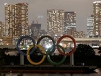 The Olympic Rings installed on a floating platform in Tokyo