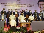 Tamil Nadu Chief Minister MK Stalin along with industries minister Thangam Thenarasu and investors at the 'Investment Conclave' to lay the foundation stone of nine projects and inaugurate five other projects, in Chennai, Tamil Nadu Chief Minister MK Stalin along with industries minister Thangam Thenarasu and investors at the 'Investment Conclave' to lay the foundation stone of nine projects and inaugurate five other projects, in Chennai,