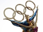 A sculpture depicts Olympic figure skaters for the 2022 Beijing Winter Olympics.