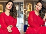Eid Mubarak: Hina Khan pairs <span class='webrupee'>₹</span>6k chikankari gharara set with bold red lips(Instagram/@therealhinakhan) Eid Mubarak: Hina Khan pairs <span class='webrupee'>₹</span>6k chikankari gharara set with bold red lips(Instagram/@therealhinakhan)