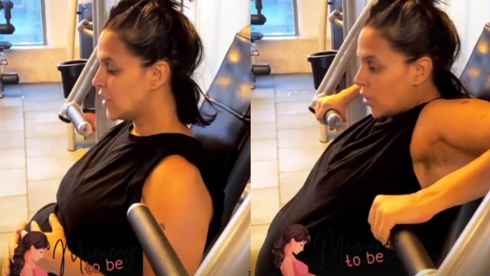 Neha Dhupia holds baby bump and takes deep breath before working out