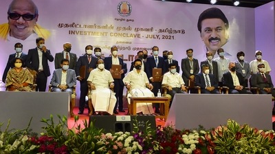 Tamil Nadu Chief Minister MK Stalin along with industries minister Thangam Thenarasu and investors at the 'Investment Conclave' to lay the foundation stone of nine projects and inaugurate five other projects, in Chennai, (PTI) Tamil Nadu Chief Minister MK Stalin along with industries minister Thangam Thenarasu and investors at the 'Investment Conclave' to lay the foundation stone of nine projects and inaugurate five other projects, in Chennai, (PTI)