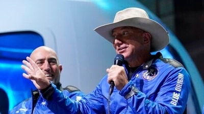 Jeff Bezos, founder of Amazon and space tourism company Blue Origin, describes the flight experience after their launch from the spaceport near Van Horn, Texas, (AP) Jeff Bezos, founder of Amazon and space tourism company Blue Origin, describes the flight experience after their launch from the spaceport near Van Horn, Texas, (AP)