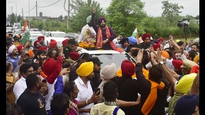 Newly appointed Punjab Congress president Navjot Singh Sidhu during a roadshow in Amritsar on Tuesday.