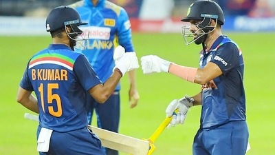 Deepak Chahar (R) and Bhuvneshwar Kumar during their partnership. (Sri Lanka Cricket) Deepak Chahar (R) and Bhuvneshwar Kumar during their partnership. (Sri Lanka Cricket)