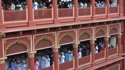 Devotees offer namaz on Eid al-Adha at Nakhoda Masjid, in Kolkata on Wednesday. (ANI) Devotees offer namaz on Eid al-Adha at Nakhoda Masjid, in Kolkata on Wednesday. (ANI)