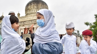Children greet each other on Eid al-Adha, Golconda Idgah in Hyderabad earlier today. (PTI) Children greet each other on Eid al-Adha, Golconda Idgah in Hyderabad earlier today. (PTI)