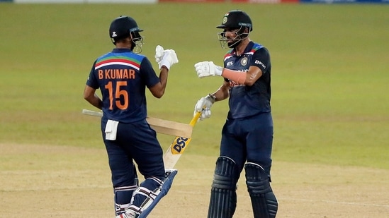 India's Deepak Chahar celebrates his half century with Bhuvneshwar Kumar(REUTERS)