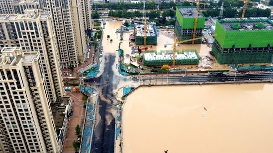 An aerial view shows the flooded areas following heavy rainfall in Zhengzhou, Henan province, China via REUTERS(VIA REUTERS)