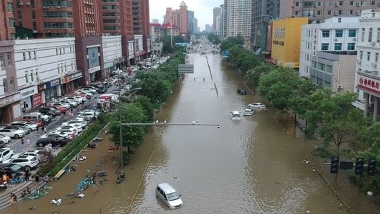 An aerial view shows a flooded road section following heavy rainfall in Zhengzhou, Henan province, China via REUTERS(VIA REUTERS)