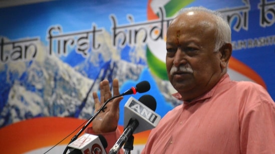 At an event in Guwahati, Bhagwat also said that there were organised attempts to increase the Muslim population since 1930 in Punjab, Sindh, Bengal, Assam to establish dominance and turn the country into Pakistan.(ANI Photo) At an event in Guwahati, Bhagwat also said that there were organised attempts to increase the Muslim population since 1930 in Punjab, Sindh, Bengal, Assam to establish dominance and turn the country into Pakistan.(ANI Photo)