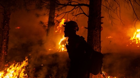 A firefighter during nighttime firefighting operations at the Bootleg Fire, near Klamath Falls, Oregon on July 15. Fire crews have had to retreat from the flames for 10 consecutive days as fireballs jump from treetop to treetop, trees explode, embers fly ahead of the fire to start new blazes and, in some cases, the inferno's heat creates its own weather of shifting winds and dry lightning, AP reported.(US Forest Service / AFP)