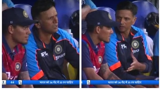 Rahul Dravid talking to Rahul Chahar in the dugout to pass on a message for Deepak Chahar batting in the middle