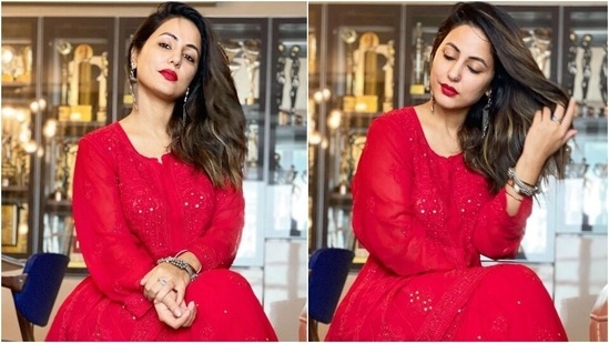 Eid Mubarak: Hina Khan pairs <span class='webrupee'>₹</span>6k chikankari gharara set with bold red lips(Instagram/@therealhinakhan)