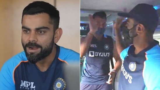 Virat Kohli carefully watches on as Cheteshwar Pujara and R Ashwin share a high-five in the bus. (Getty Images)