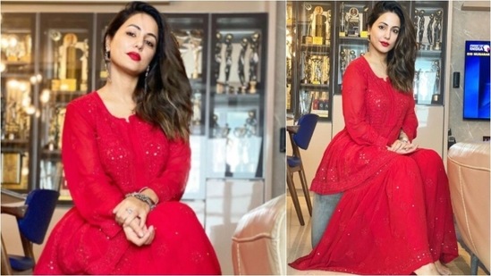 Hina Khan: Dressed in a gorgeous red embellished outfit Hina posed for the camera as she wished her followers, "Eid Mubarak." (Instagram/@realhinakhan)