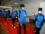 Indian Olympic players during the sending-off ceremony from Delhi Airport for Tokyo Olympics, in New Delhi. (ANI Photo)