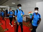 Indian Olympic players during the sending-off ceremony from Delhi Airport for Tokyo Olympics, in New Delhi.