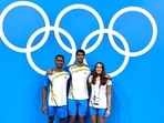 Indian swimmers Srihari Nataraj, Sajan Prakash, and Maana Patel at the Tokyo2020 Olympics Games village, in Tokyo on Tuesday.