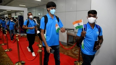 Indian Olympic players during the sending-off ceremony from Delhi Airport for Tokyo Olympics, in New Delhi. (ANI Photo)
