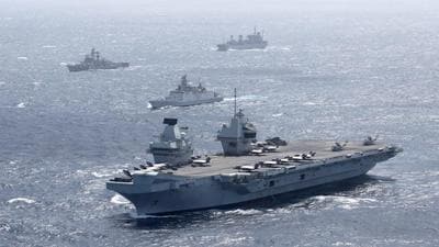 UK Carrier Strike Group and Indian Navy in the Indian Ocean during the maritime participation exercise on July 21. (Source: Royal Navy) UK Carrier Strike Group and Indian Navy in the Indian Ocean during the maritime participation exercise on July 21. (Source: Royal Navy)