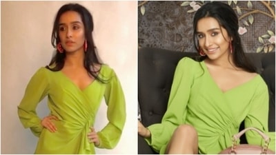Shraddha Kapoor adds a chic touch to mini wrap dress with ₹55k pumps for shoot (Instagram/@namratadeepak3) Shraddha Kapoor adds a chic touch to mini wrap dress with ₹55k pumps for shoot (Instagram/@namratadeepak3)