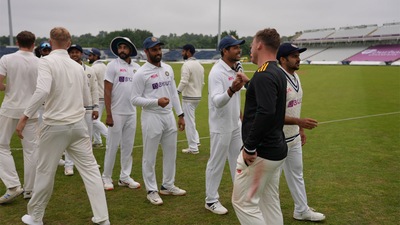 Players shake hands at the end of the three-day warm-up game. (BCCI) Players shake hands at the end of the three-day warm-up game. (BCCI)