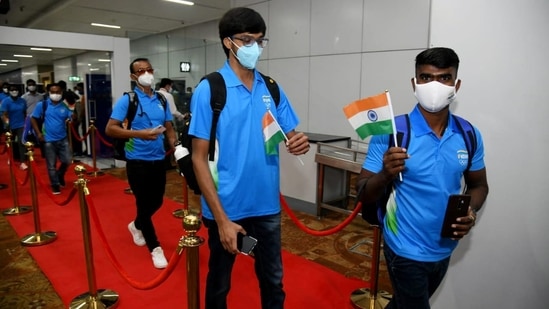 Indian Olympic players during the sending-off ceremony from Delhi Airport for Tokyo Olympics, in New Delhi.(ANI Photo) Indian Olympic players during the sending-off ceremony from Delhi Airport for Tokyo Olympics, in New Delhi.(ANI Photo)