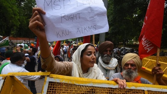 A woman farmer holds a banner during a protest against the farm laws near the parliament in New Delhi.(Raj K Raj/HT Photo)