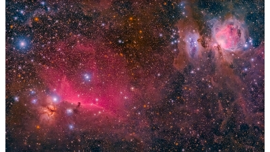 Deep-sky objects are those that exist beyond the solar system. Seen here is the Orion Quadruplet (comprising the Orion, Running Man, Horsehead and Flame nebulas) as captured by Avinash Singh from Nainital. The Orion Nebula (extreme right) is one of the brightest, nebulae visible to the naked eye. It is the closest star formation region, about 1,300 light years away. “The variety of objects you can image is what motivates me to shoot the deep sky,” he says.(Photo by Avinash Singh)