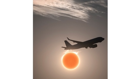 Astro-photography is a niche in which photographers try to capture intricate details and close-ups of stars, planets and even deep-space objects like nebulas. Soumyadeep Mukherjee’s celestial muse is the sun. Here, exhaust fumes from the plane’s engine create the illusion of licking flames, in an image captured in the afternoon.(Photo by Soumyadeep Mukherjee)