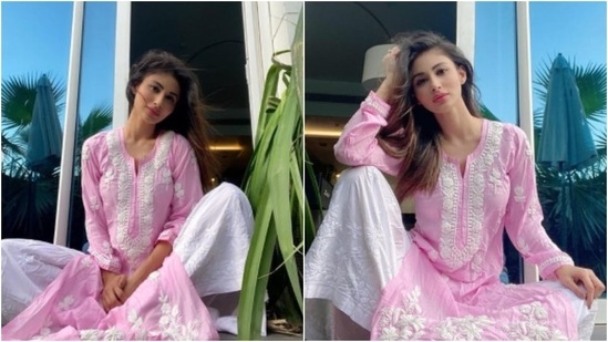Mouni Roy: The ever so stylish Mouni Roy can carry any outfit with certain poise and elegance. The Bengali beauty's grabbed eyeballs when she posted a picture in a pink Chikan kurta which she paired with broad white palazzo pants.(Instagram/@imouniroy)