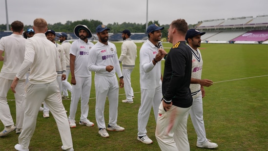 Players shake hands at the end of the three-day warm-up game. (BCCI) Players shake hands at the end of the three-day warm-up game. (BCCI)