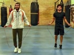 Olympic-bound boxer Vikas Krishan trains with fellow boxer Neeraj Goyat in Assisi, Italy. (PTI Photo)