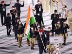 The Tokyo 2020 Olympics opening ceremony: Country No.21, India, were led out by Manpreet Singh and MC Mary Kom.(TWITTER)