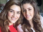 Nupur Sanon poses with sister Kriti Sanon. Nupur Sanon poses with sister Kriti Sanon.