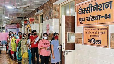 Women standing in a queue for vaccination against Covid at Civil Hospital, Lucknow, on Friday. (Sunil Raidas/HH) Women standing in a queue for vaccination against Covid at Civil Hospital, Lucknow, on Friday. (Sunil Raidas/HH)