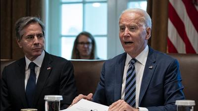 US President Joe Biden speaks while Antony Blinken, secretary of state (left) listens during a cabinet meeting at the White House in Washington, D.C., on July 20. (Bloomberg) US President Joe Biden speaks while Antony Blinken, secretary of state (left) listens during a cabinet meeting at the White House in Washington, D.C., on July 20. (Bloomberg)