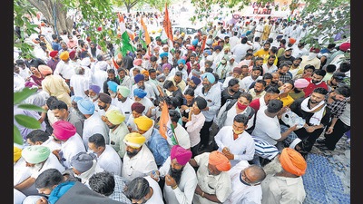 Congress supporters at the Punjab Congress Bhawan during Navjot Singh Sidhu’s installation as PPCC president on Friday. (Ravi Kumar/HT)