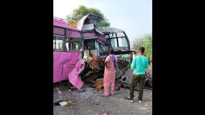 The buses that collided at Lohara Chowk in Moga on Friday morning, claiming the lives of there Congress activists and leaving at least 10 injured. (HT Photo)