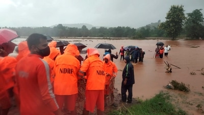 NDRF team carrying out rescue work in flood-hit Chiplun in Ratnagiri district, following heavy monsoon rains on July 23. The rescue teams began rescue operations in Chiplun only on July 23 morning after the situation improved partially. (PTI) NDRF team carrying out rescue work in flood-hit Chiplun in Ratnagiri district, following heavy monsoon rains on July 23. The rescue teams began rescue operations in Chiplun only on July 23 morning after the situation improved partially. (PTI)