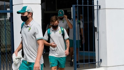 Australia players leaving the abandoned 2nd ODI between West Indies and Australia at Kensington Oval, Bridgetown. (AFP)