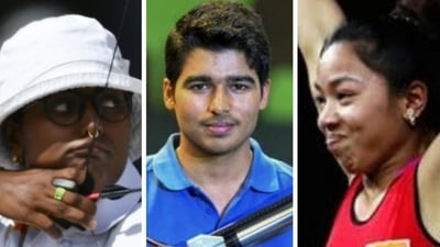 Deepika Kumari (left), Saurabh Chaudhary (C), and Mirabai Chanu. (HT Collage) Deepika Kumari (left), Saurabh Chaudhary (C), and Mirabai Chanu. (HT Collage)