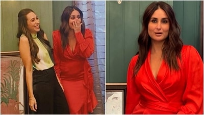 Kareena Kapoor in red wrap dress and sister Karisma in chic top and pants are sister goals (Instagram) Kareena Kapoor in red wrap dress and sister Karisma in chic top and pants are sister goals (Instagram)